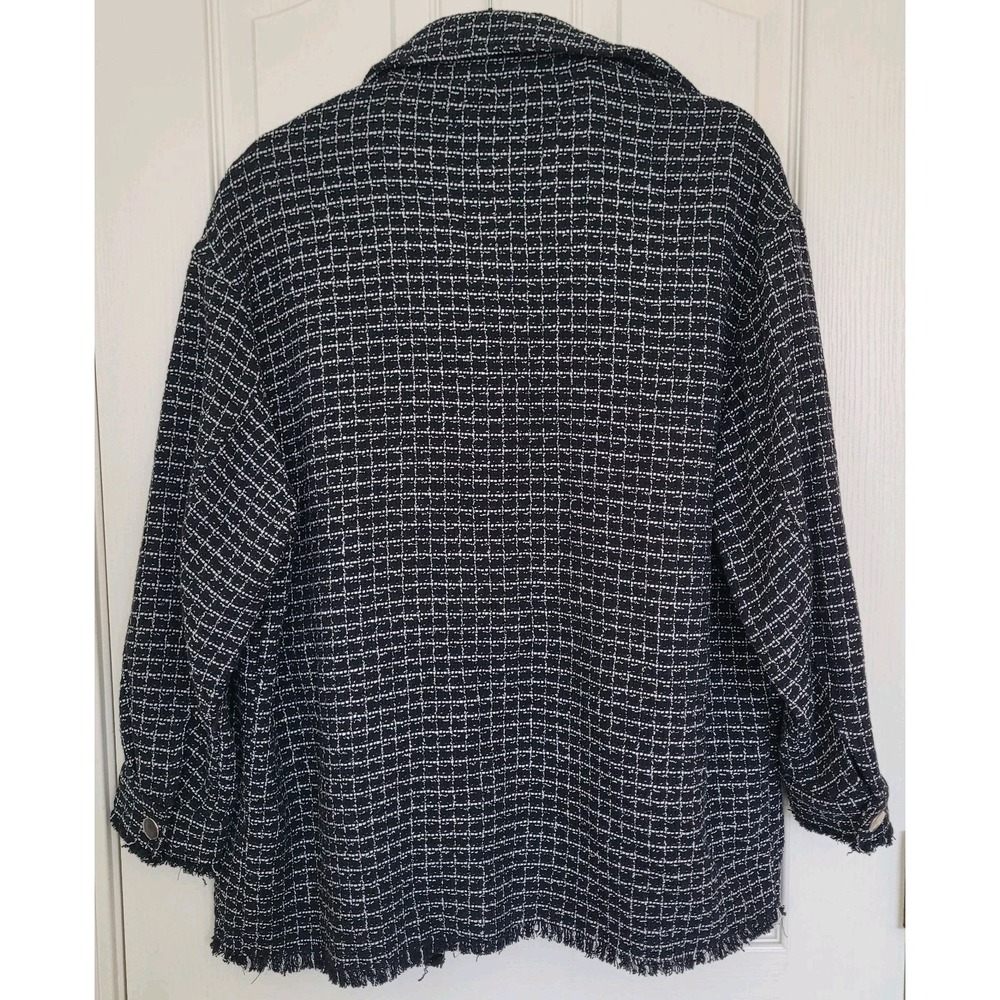 ZARA Women's Black White Plaid Button Fringe Mid-Length Jacket M Long Sleeve - Picture 2 of 5